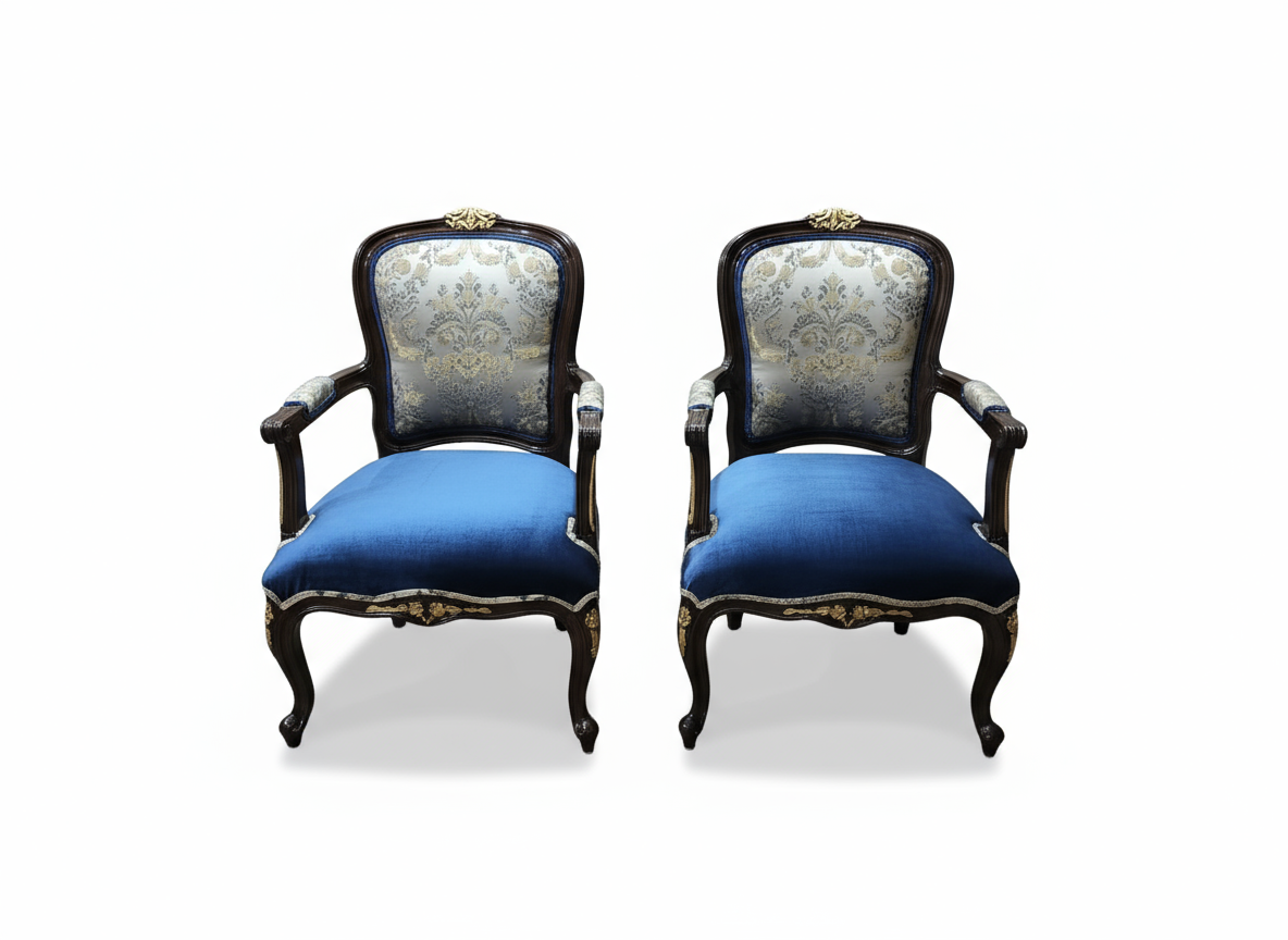 Louis-Style Carved Armchairs with Damask Backs