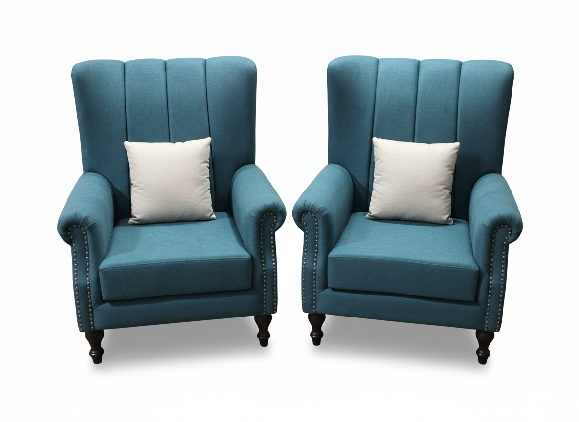 Panel-Back Wing Chairs with Nailhead Trim and Accent Pillows