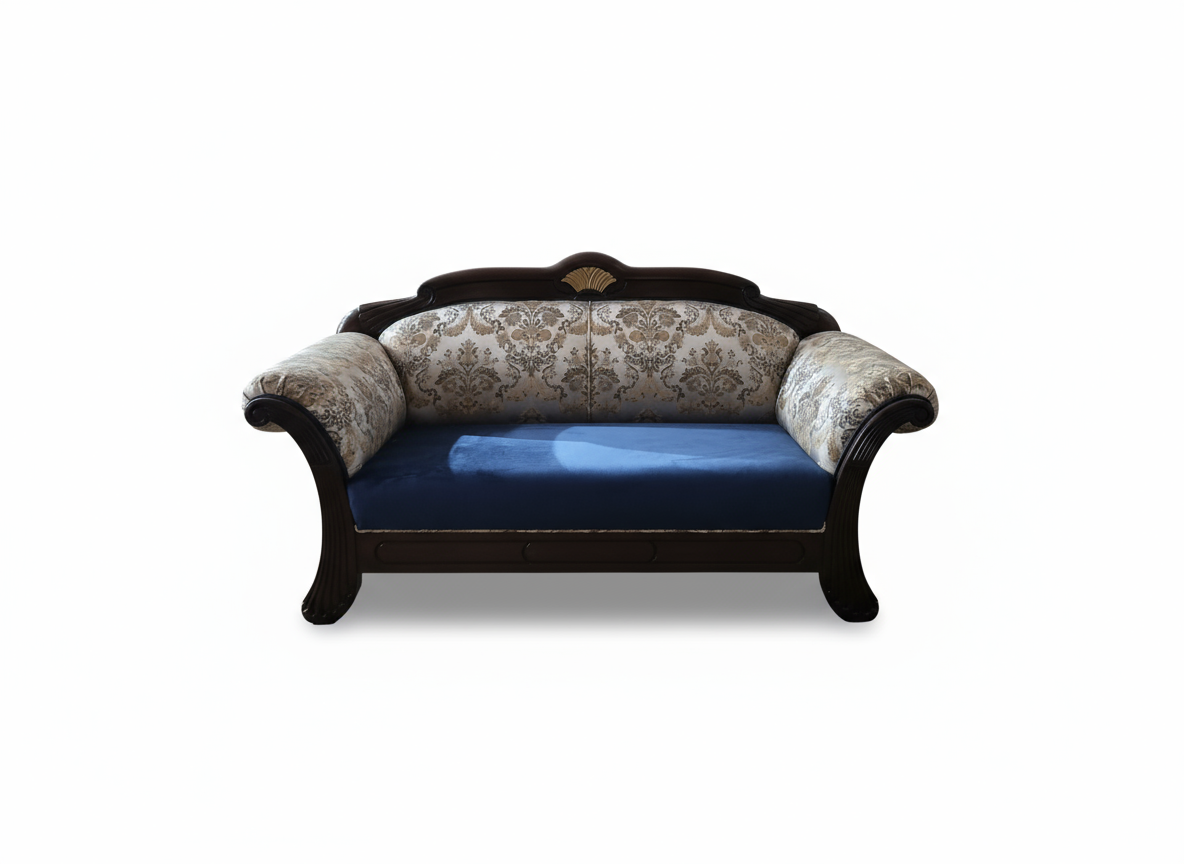 Vintage Scroll-Arm Loveseat with Damask Upholstery